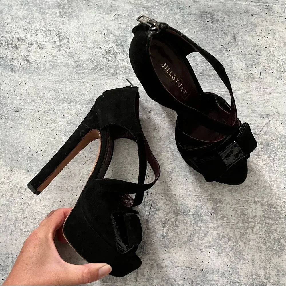Jill Stuart Black Velvet Bow Platforms 38